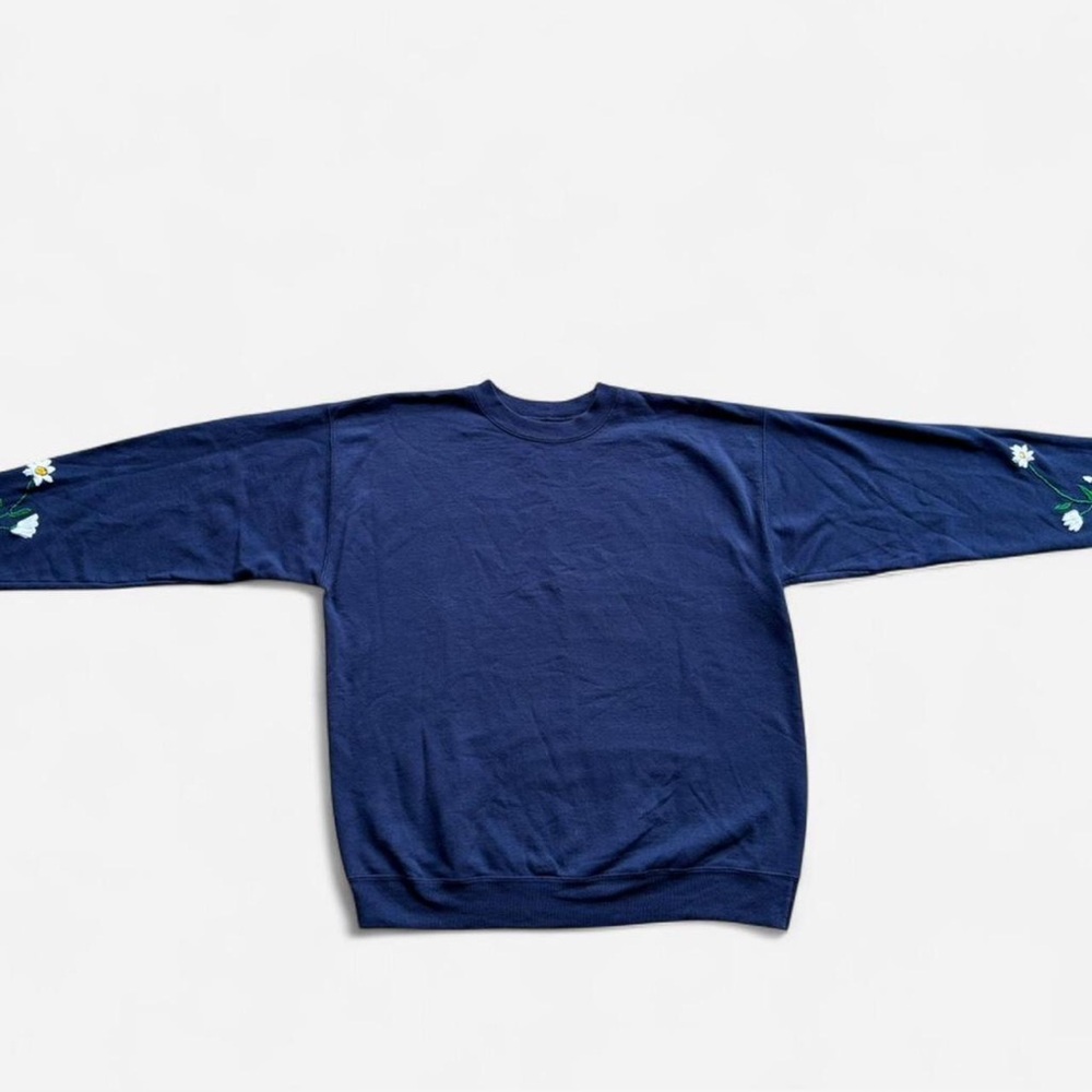 Navy Blue Sweatshirt with Floral Sleeve Embroidery